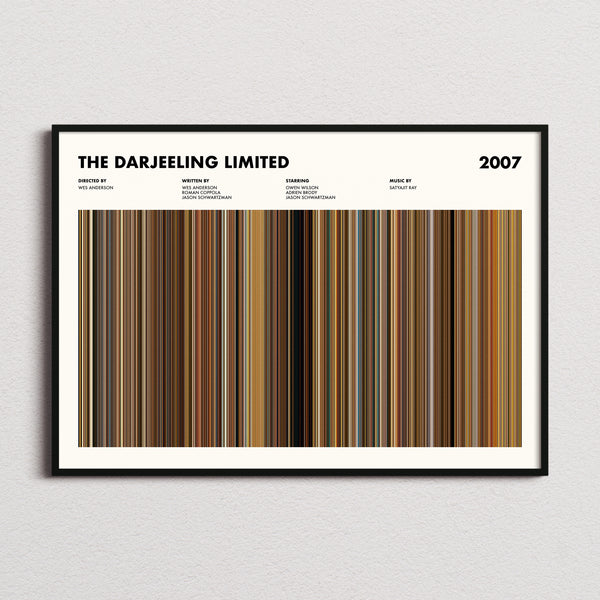 The Darjeeling Limited Movie Barcode Poster framed and photographed straight on