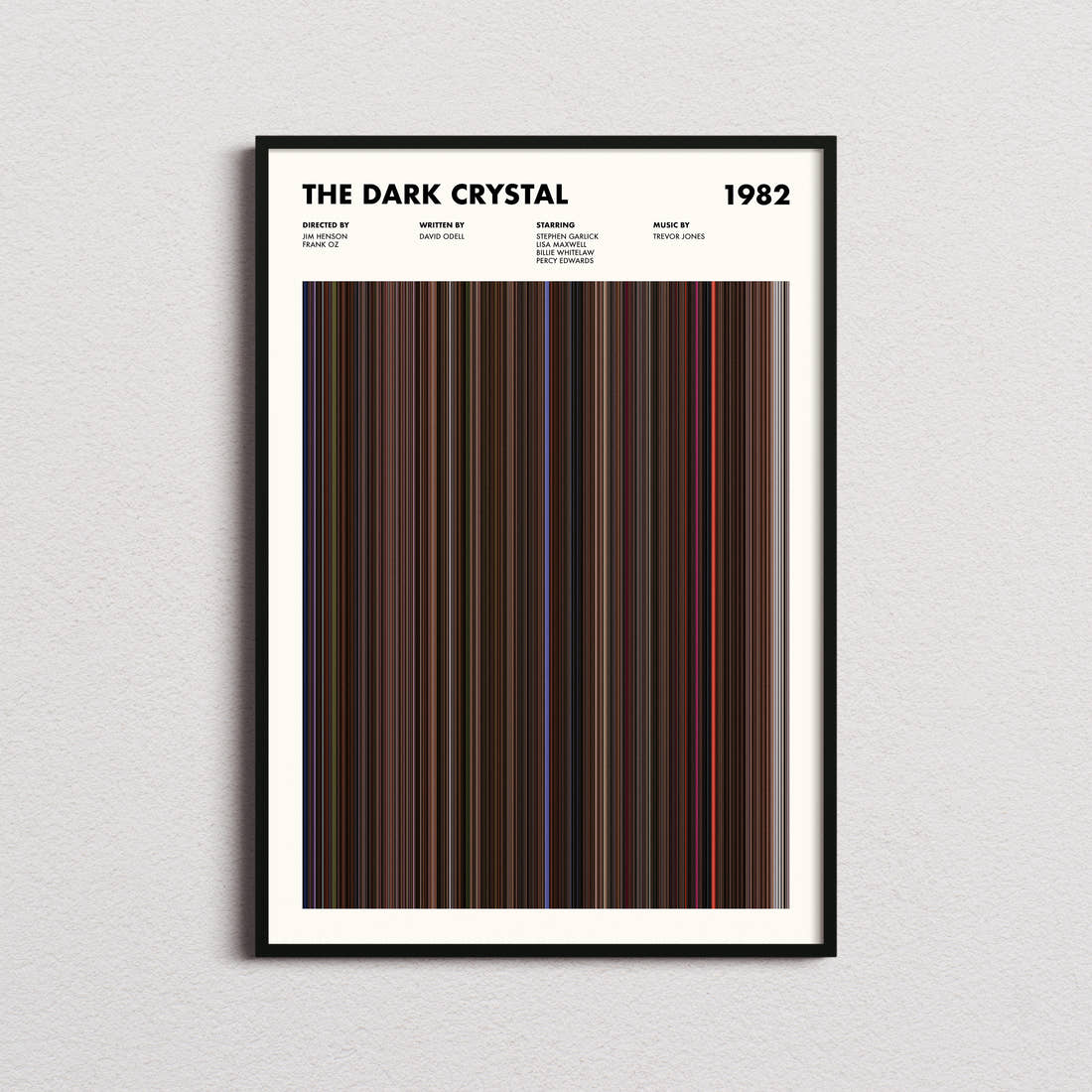 The Dark Crystal Movie Barcode Poster framed on a plain studio wall