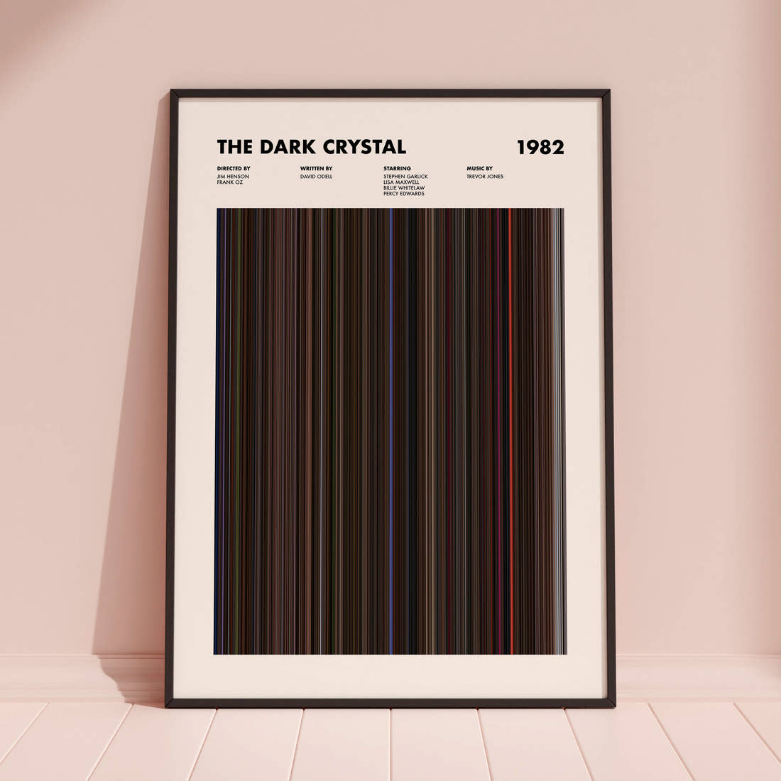 The Dark Crystal Movie Barcode Poster framed and leaning against a coloured wall