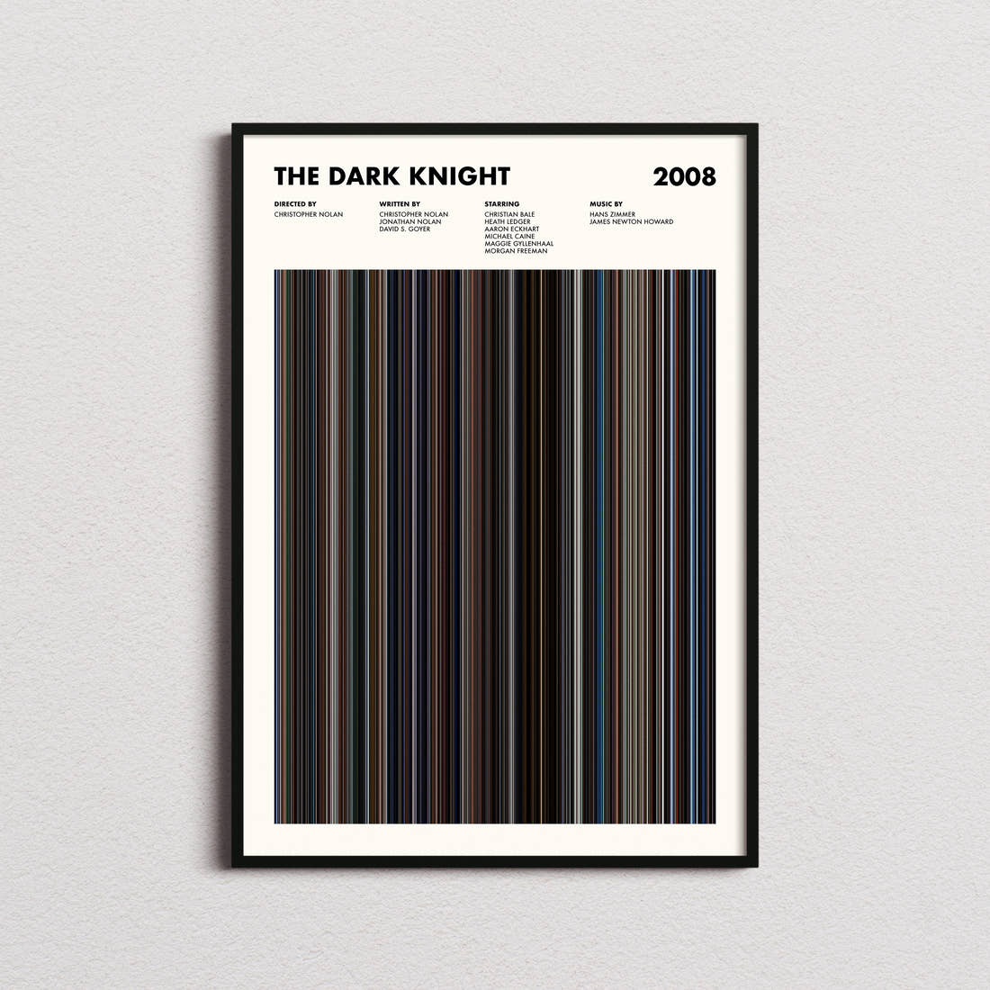 The Dark Knight Movie Barcode Poster framed on a plain studio wall