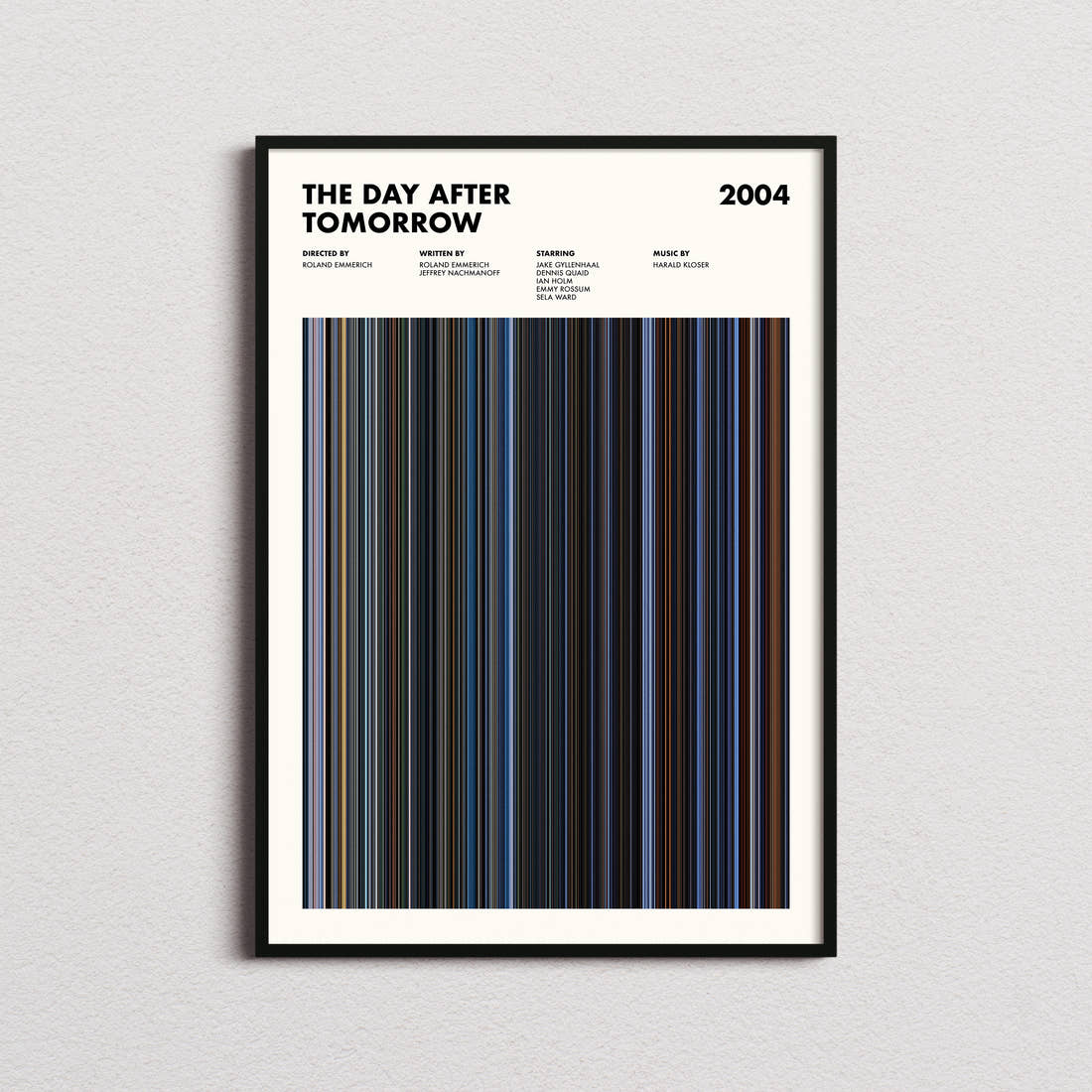 The Day After Tomorrow Movie Barcode Poster framed on a plain studio wall