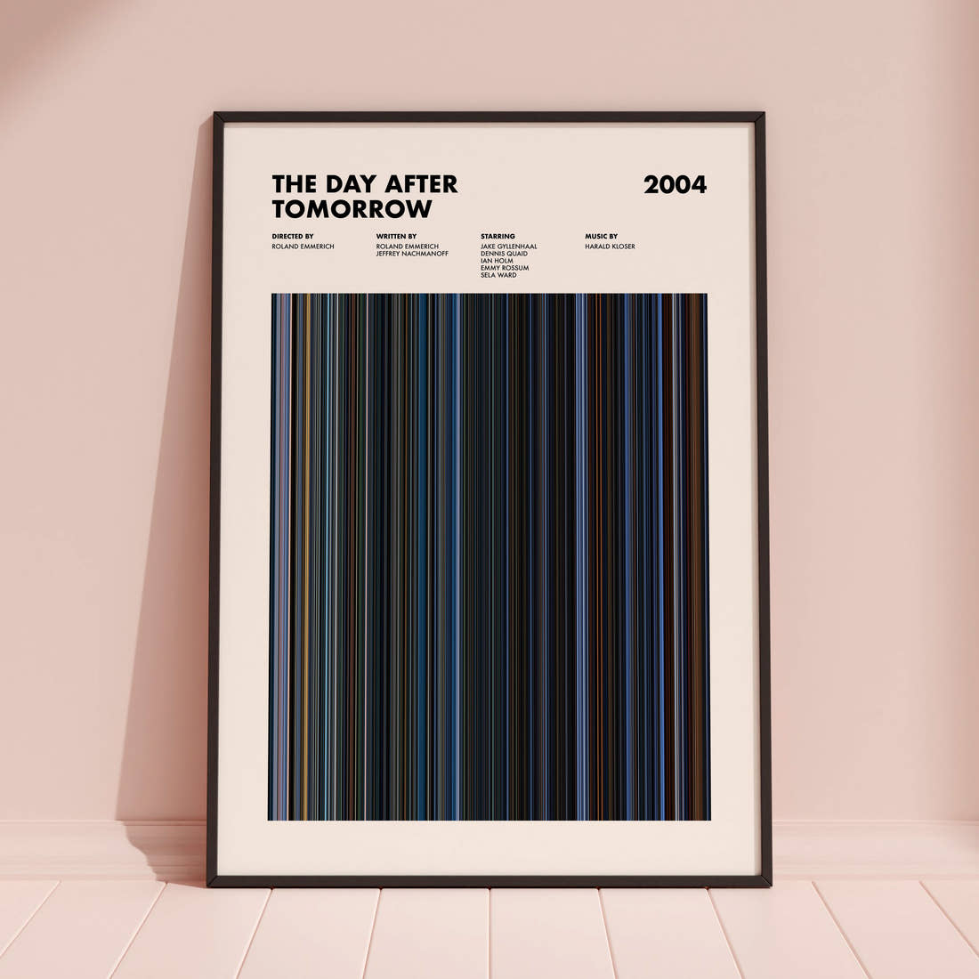 The Day After Tomorrow Movie Barcode Poster framed and leaning against a coloured wall