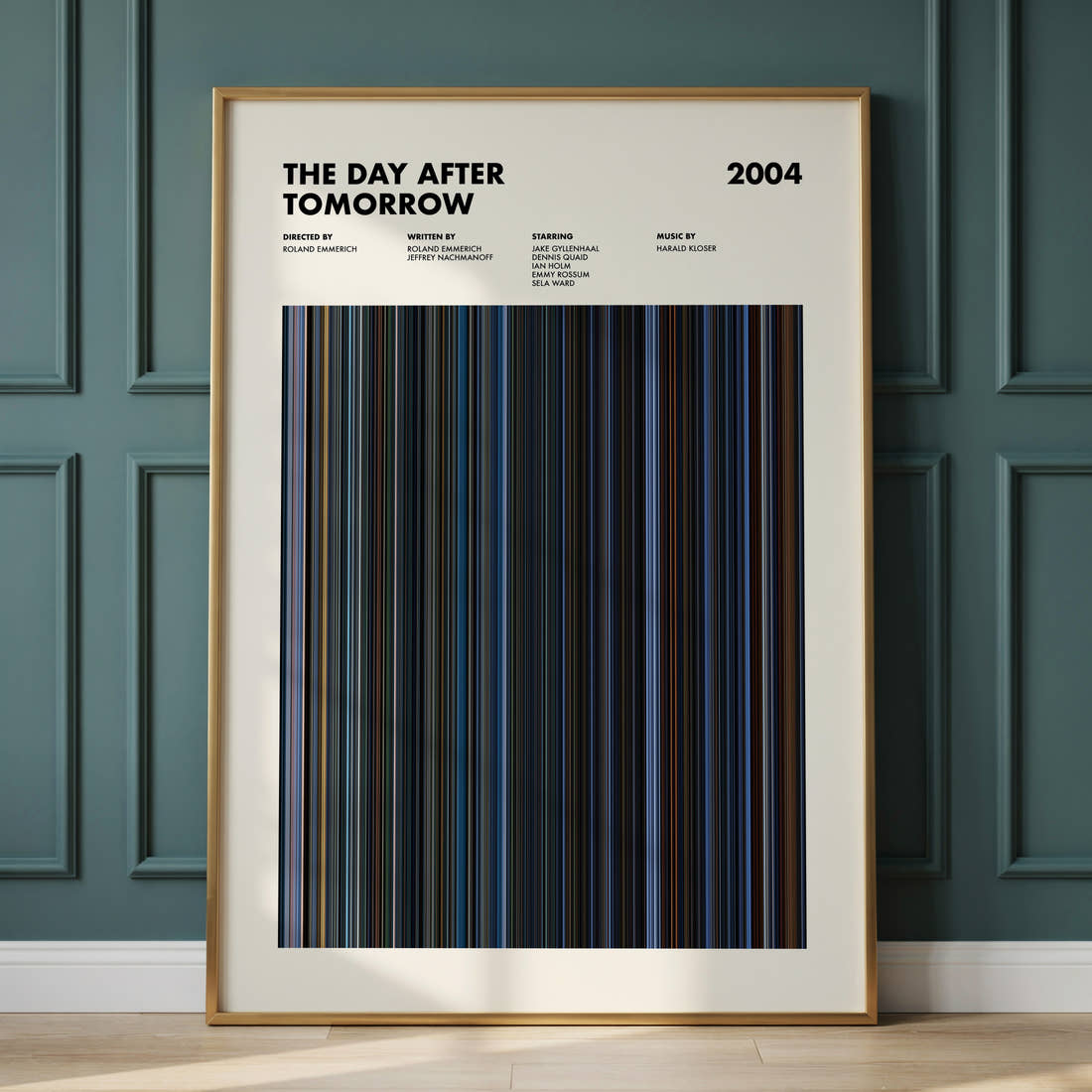 The Day After Tomorrow Movie Barcode Poster framed and leaning against a panelled wall