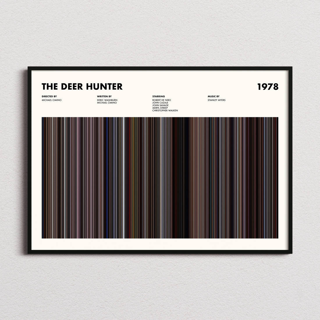 The Deer Hunter Movie Barcode Poster framed and photographed straight on