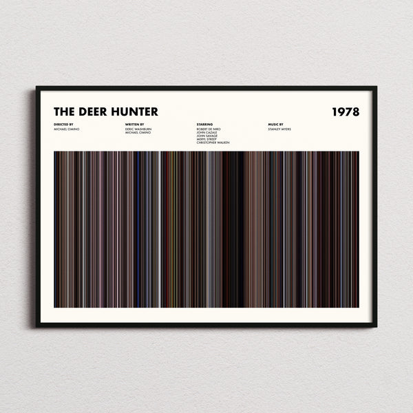 The Deer Hunter Movie Barcode Poster framed and photographed straight on
