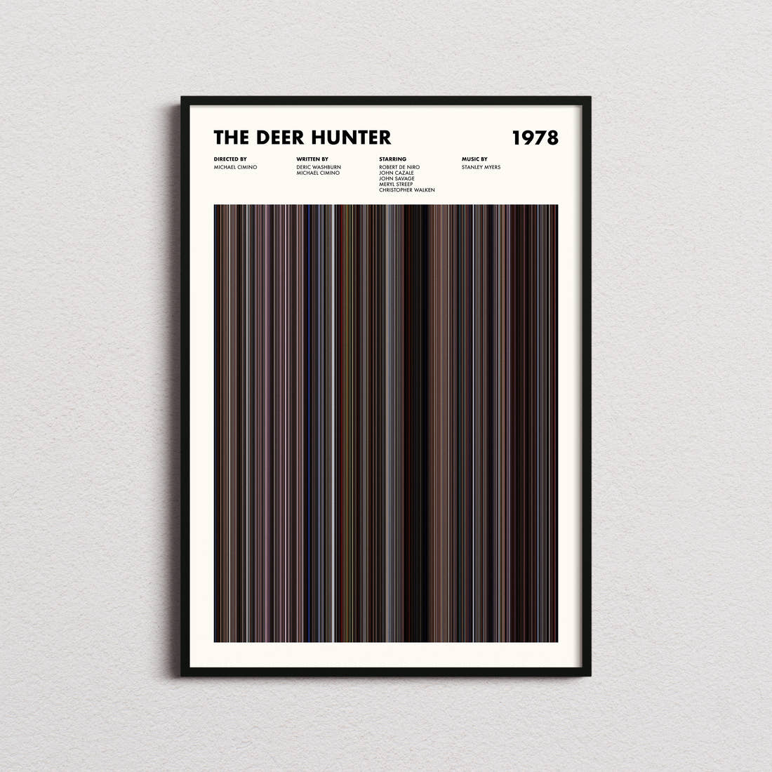 The Deer Hunter Movie Barcode Poster framed on a plain studio wall