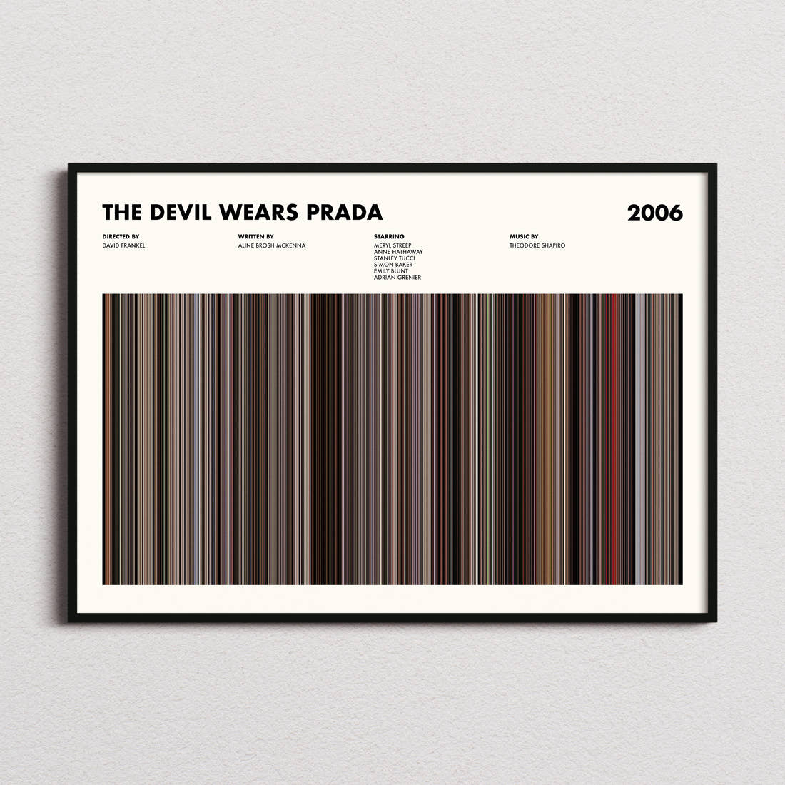 The Devil Wears Prada Movie Barcode Poster framed and photographed straight on