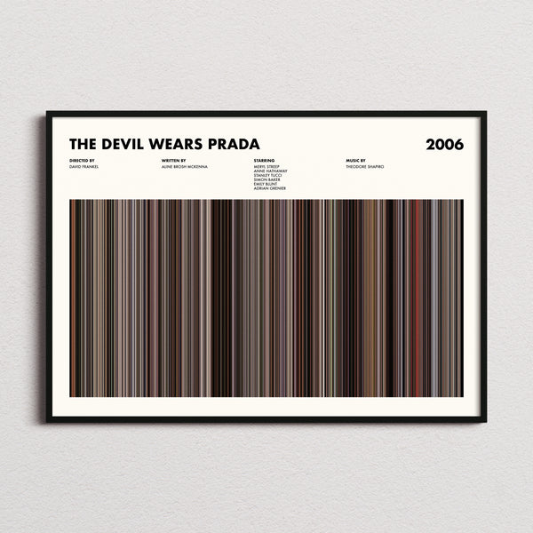The Devil Wears Prada Movie Barcode Poster framed and photographed straight on