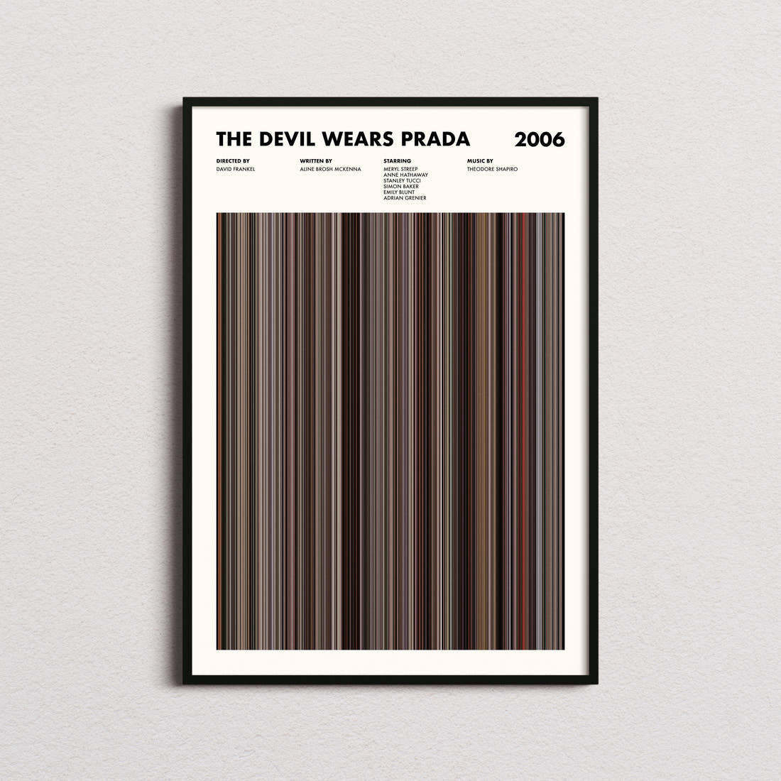 The Devil Wears Prada Movie Barcode Poster framed on a plain studio wall