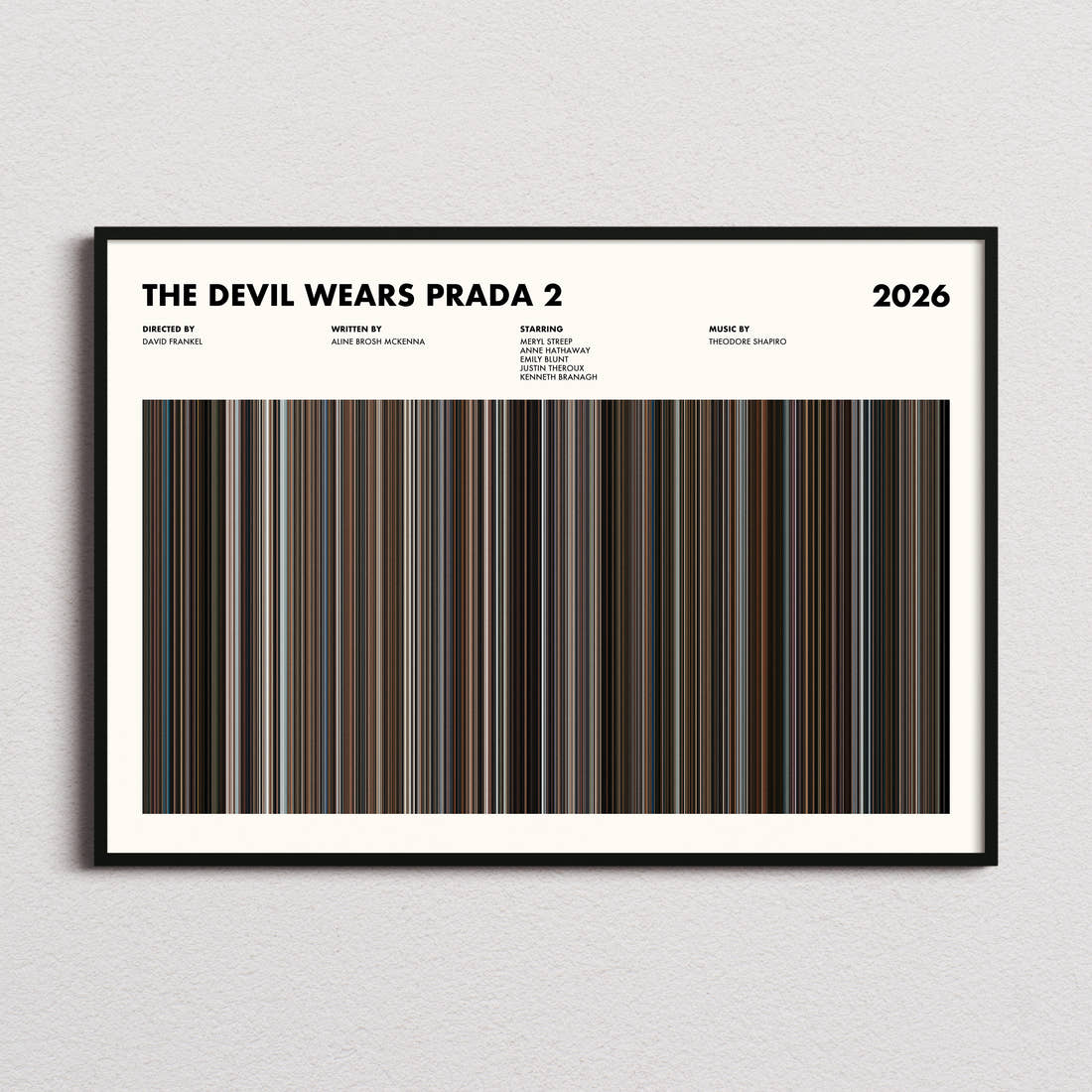The Devil Wears Prada 2 Movie Barcode Poster framed and photographed straight on