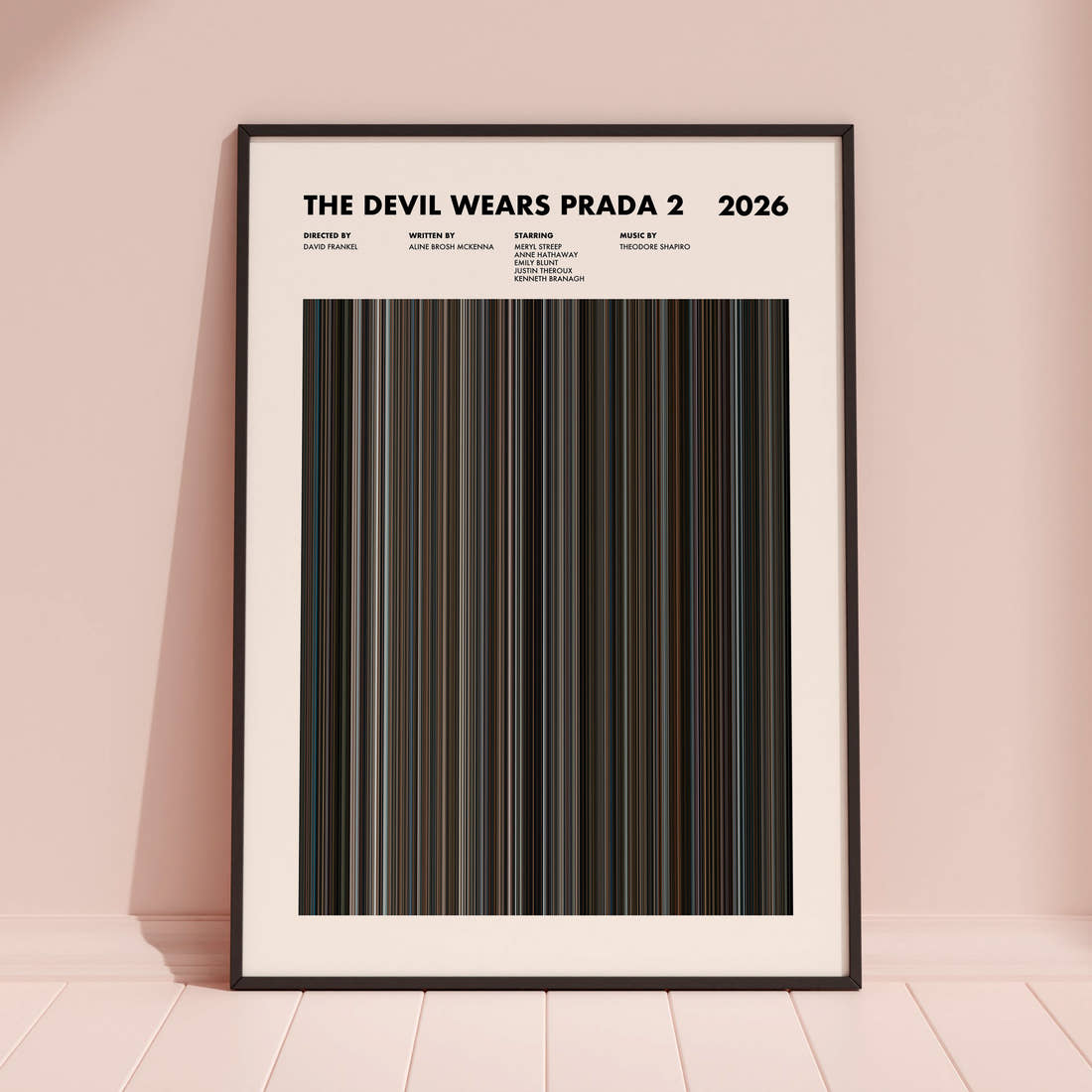 The Devil Wears Prada 2 Movie Barcode Poster framed and leaning against a coloured wall