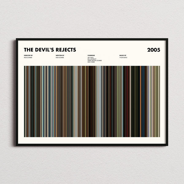 The Devil's Rejects Movie Barcode Poster framed and photographed straight on