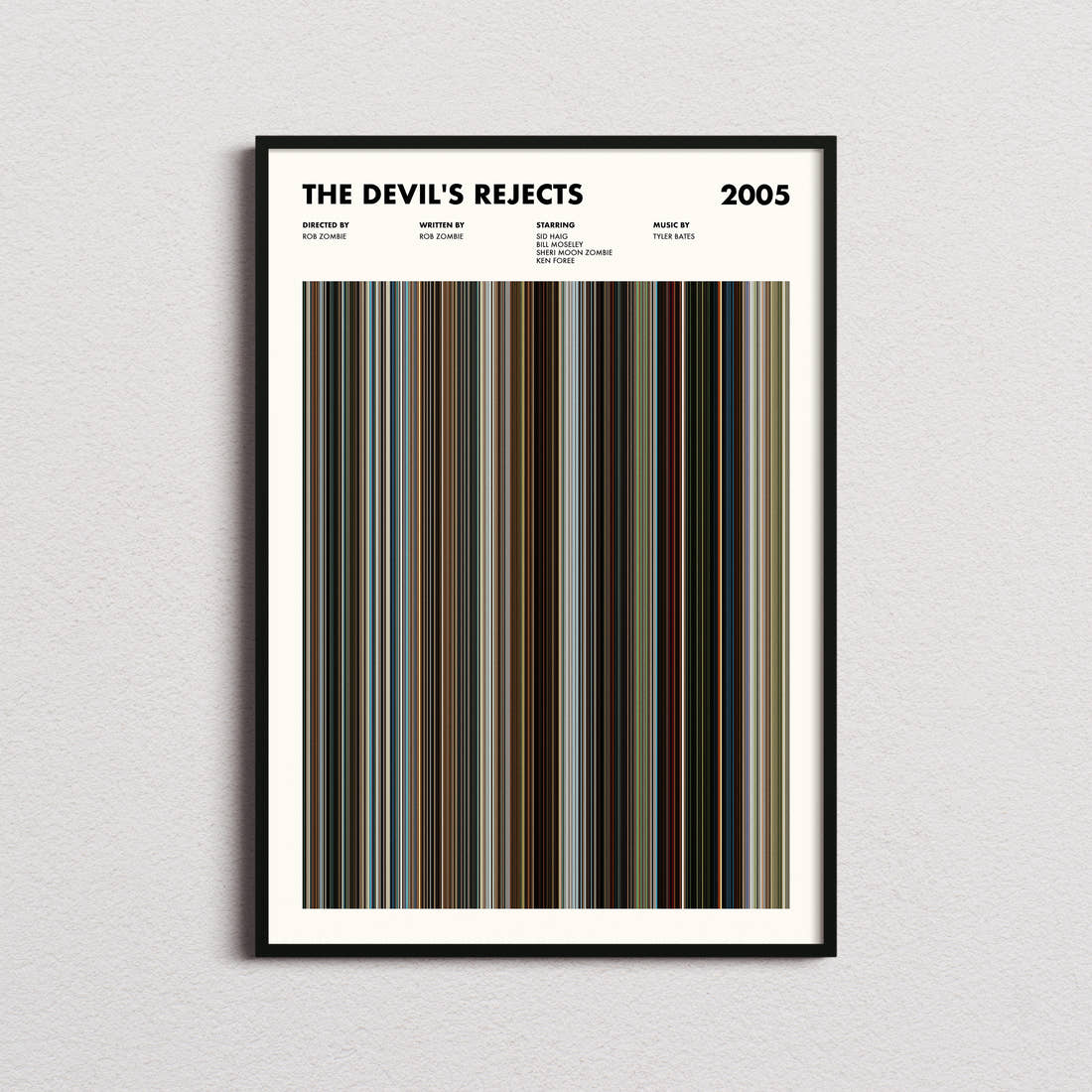 The Devil's Rejects Movie Barcode Poster framed on a plain studio wall