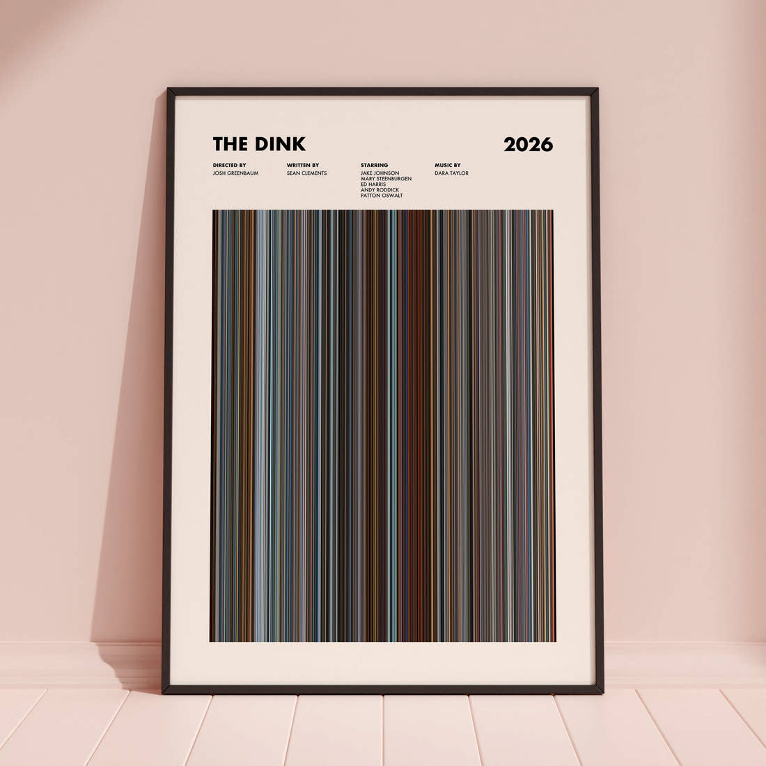 The Dink Movie Barcode Poster framed and leaning against a coloured wall