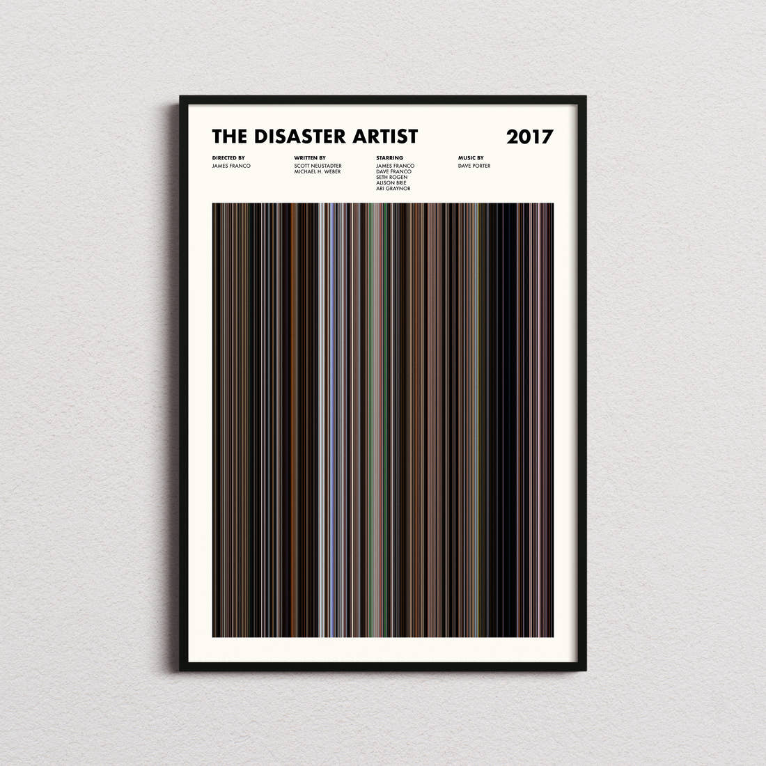 The Disaster Artist Movie Barcode Poster framed on a plain studio wall