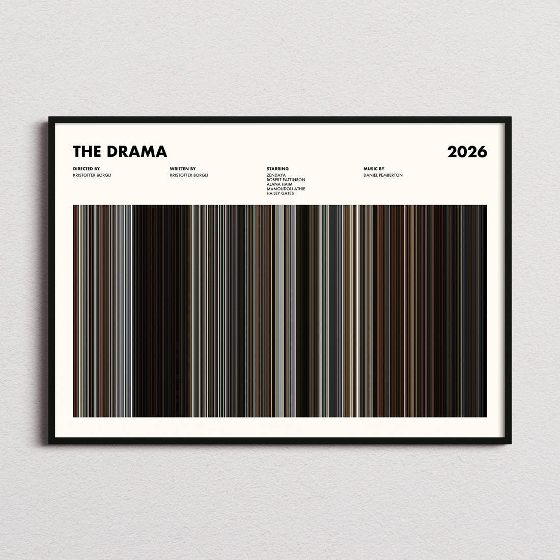 The Drama Movie Barcode Poster framed and photographed straight on