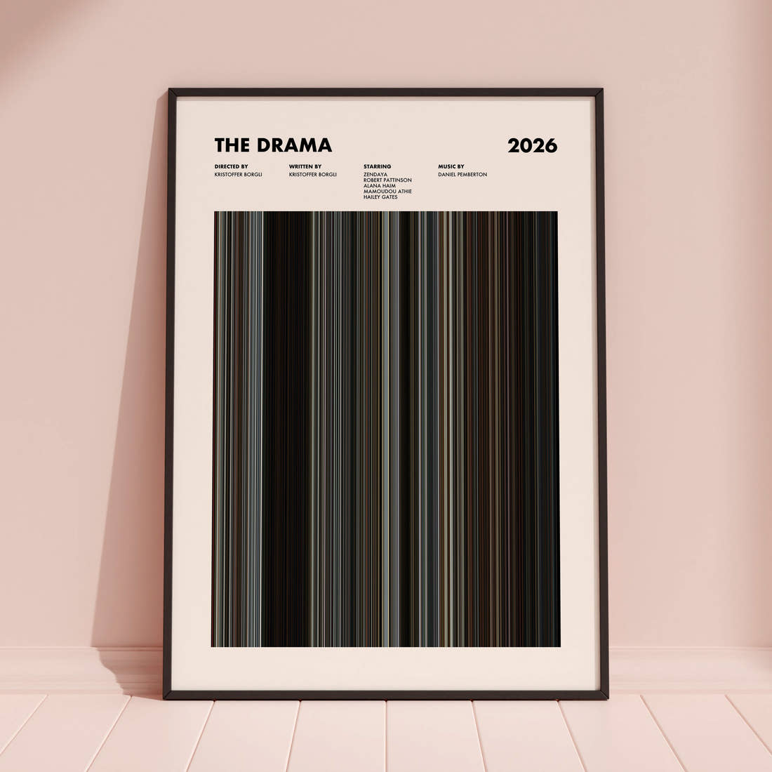 The Drama Movie Barcode Poster framed and leaning against a coloured wall