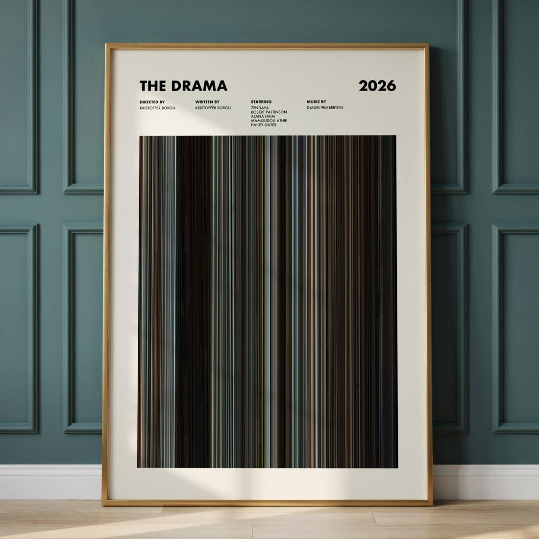 The Drama Movie Barcode Poster framed and leaning against a panelled wall