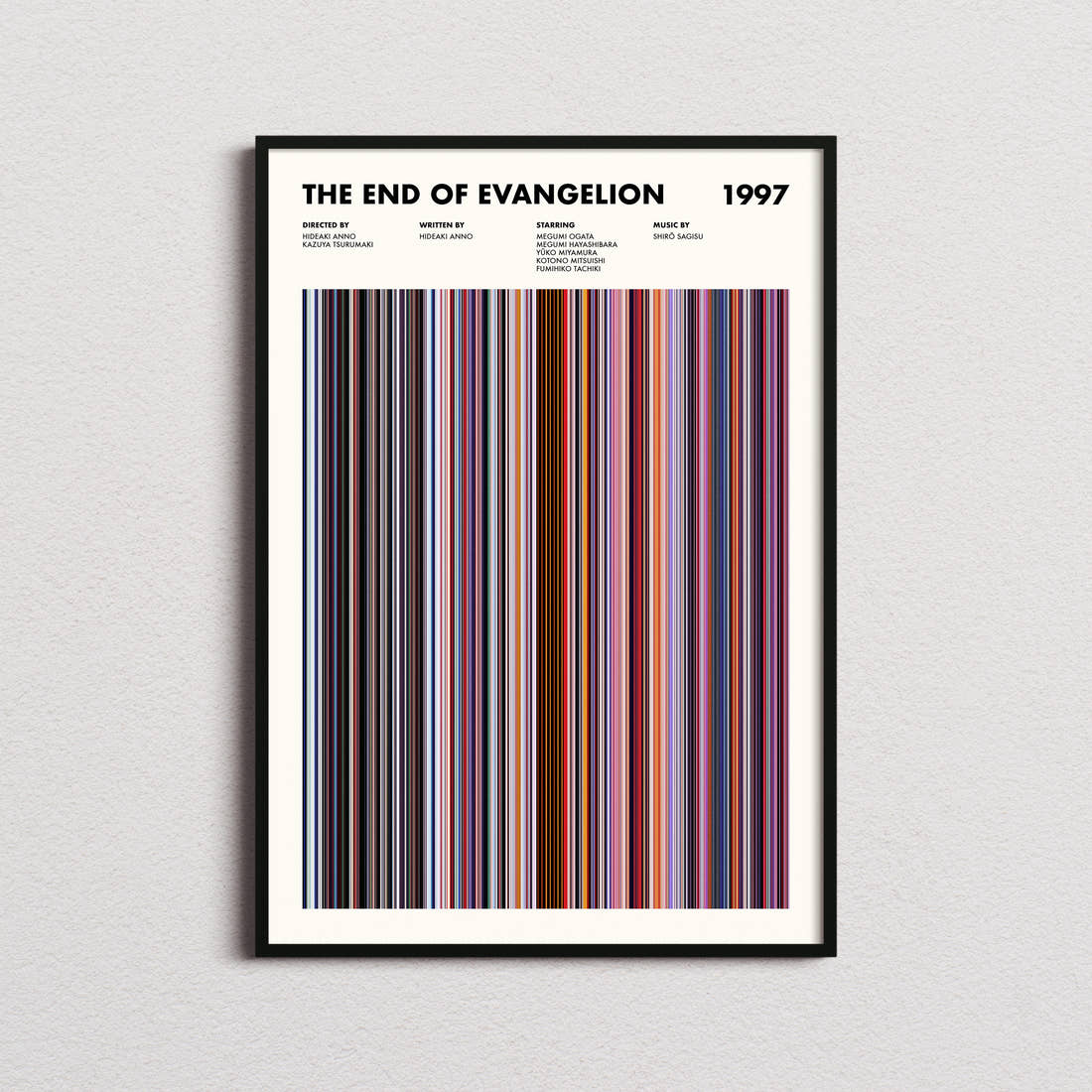 The End of Evangelion Movie Barcode Poster framed on a plain studio wall