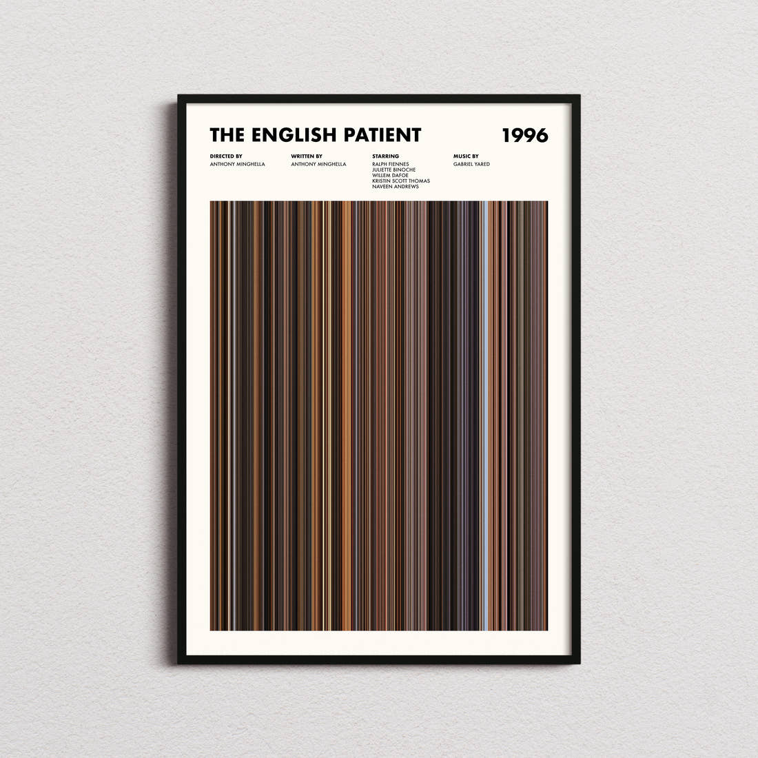 The English Patient Movie Barcode Poster framed on a plain studio wall
