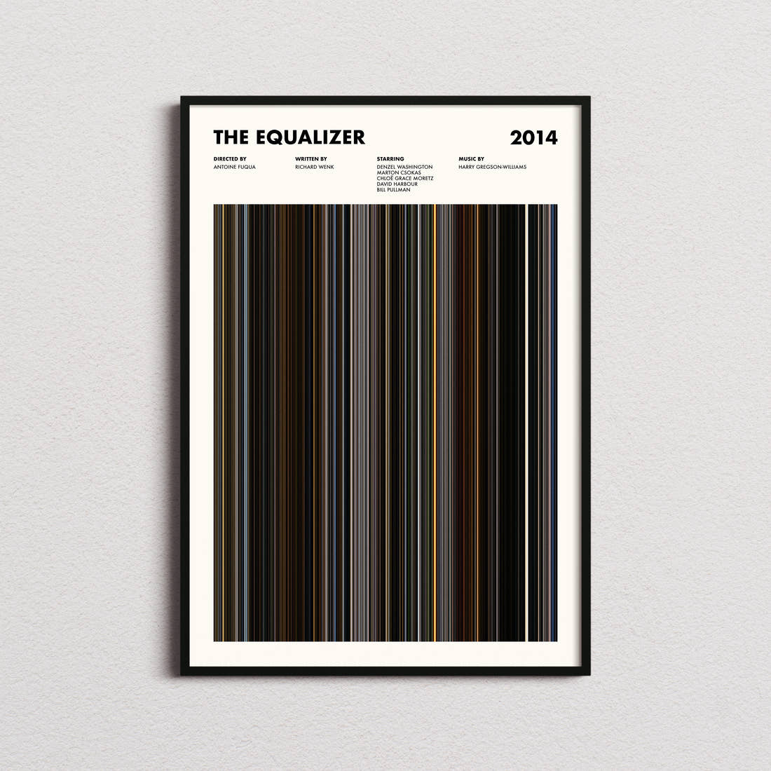 The Equalizer Movie Barcode Poster framed on a plain studio wall