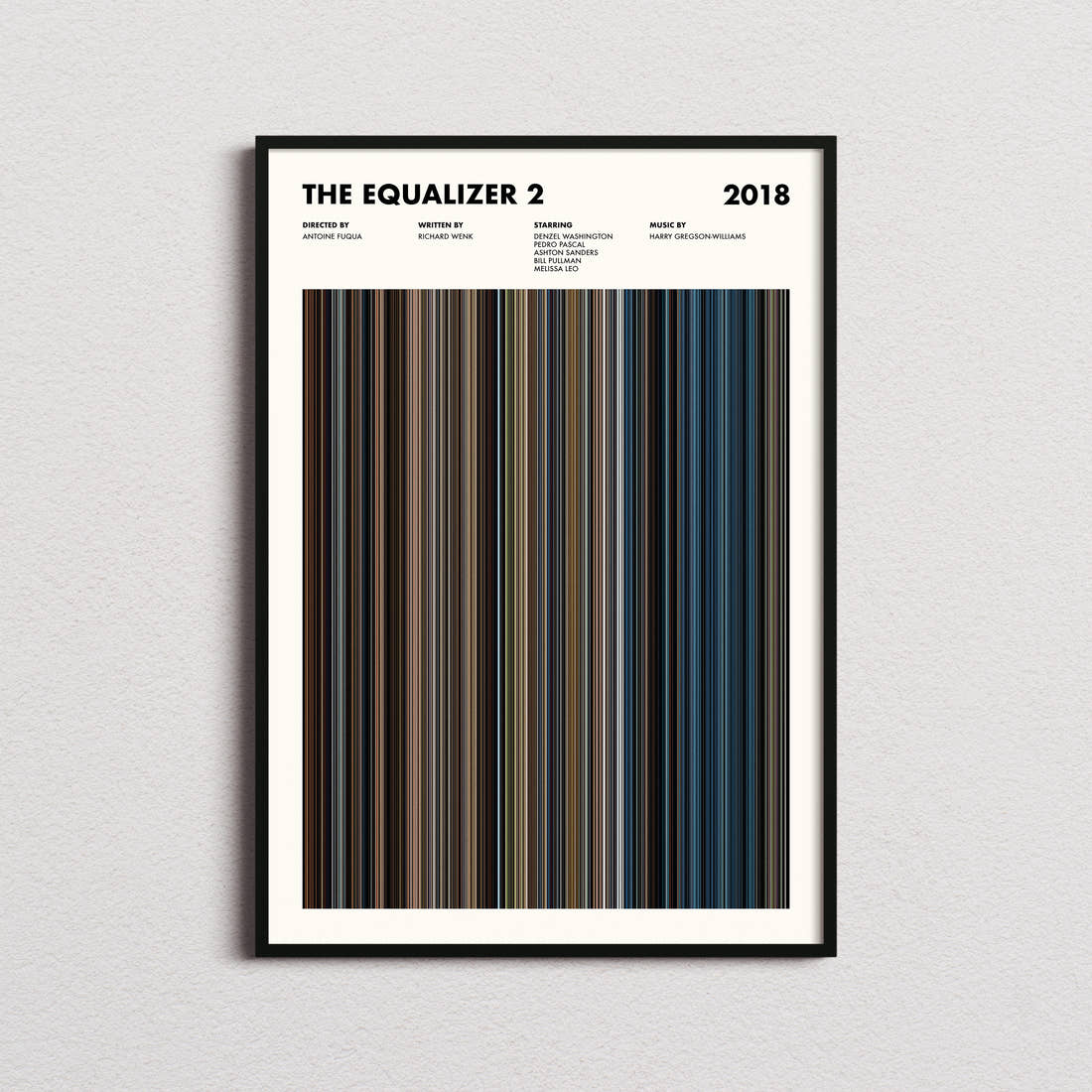 The Equalizer 2 Movie Barcode Poster framed on a plain studio wall
