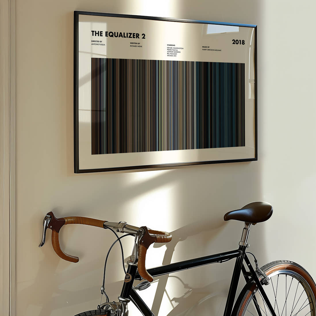 The Equalizer 2 Movie Barcode Poster framed on the wall of a styled room setting