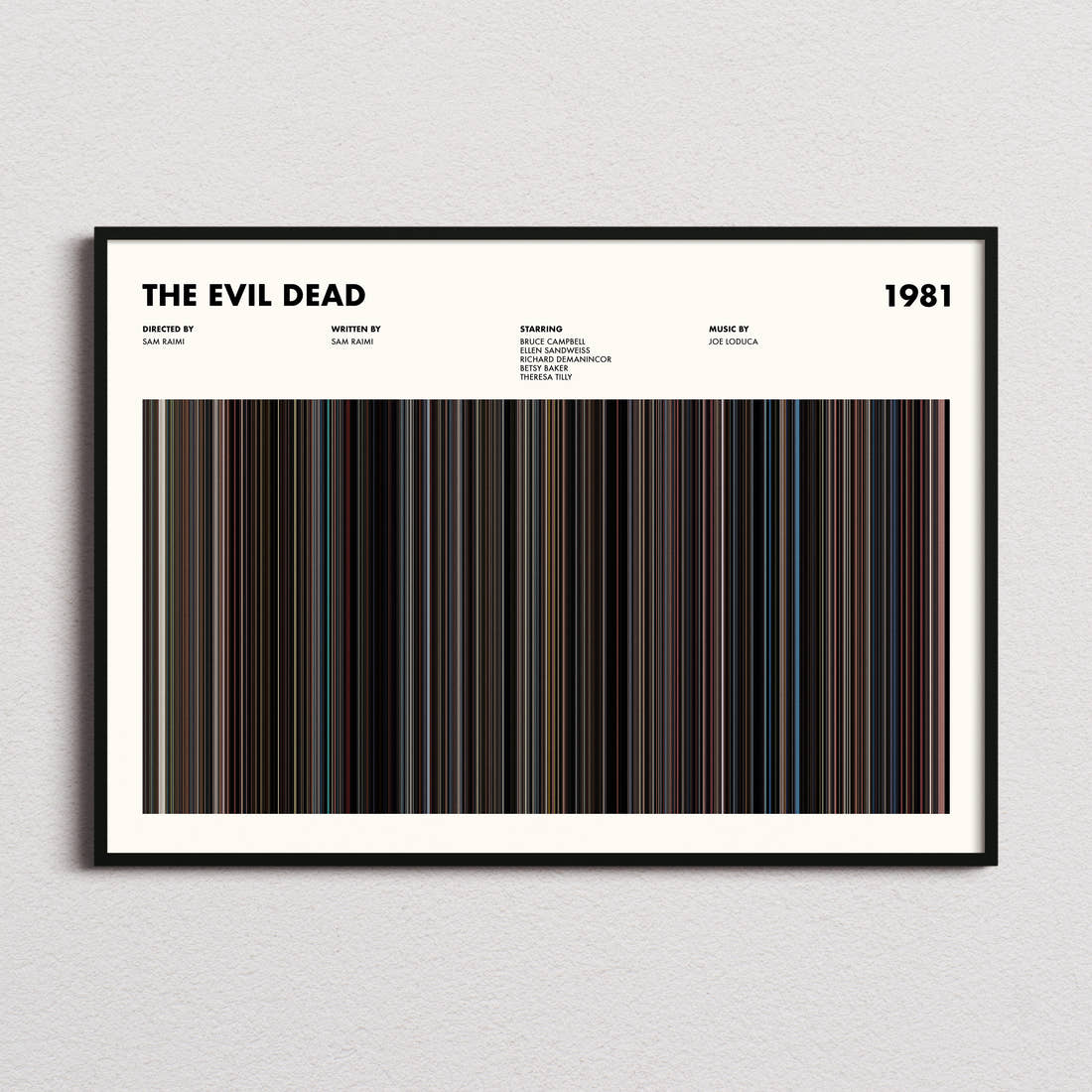 The Evil Dead Movie Barcode Poster framed and photographed straight on