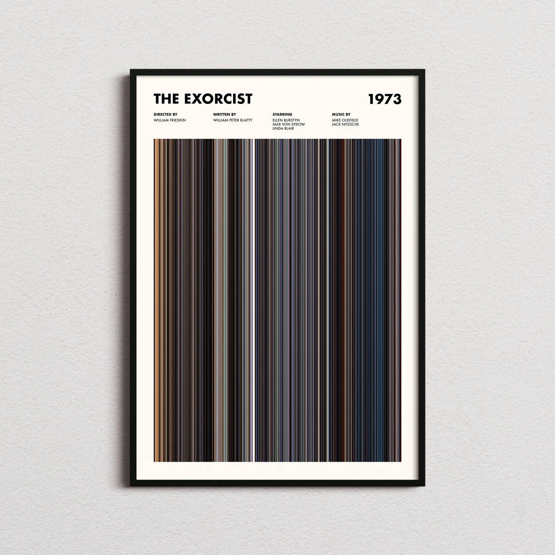 The Exorcist Movie Barcode Poster framed on a plain studio wall