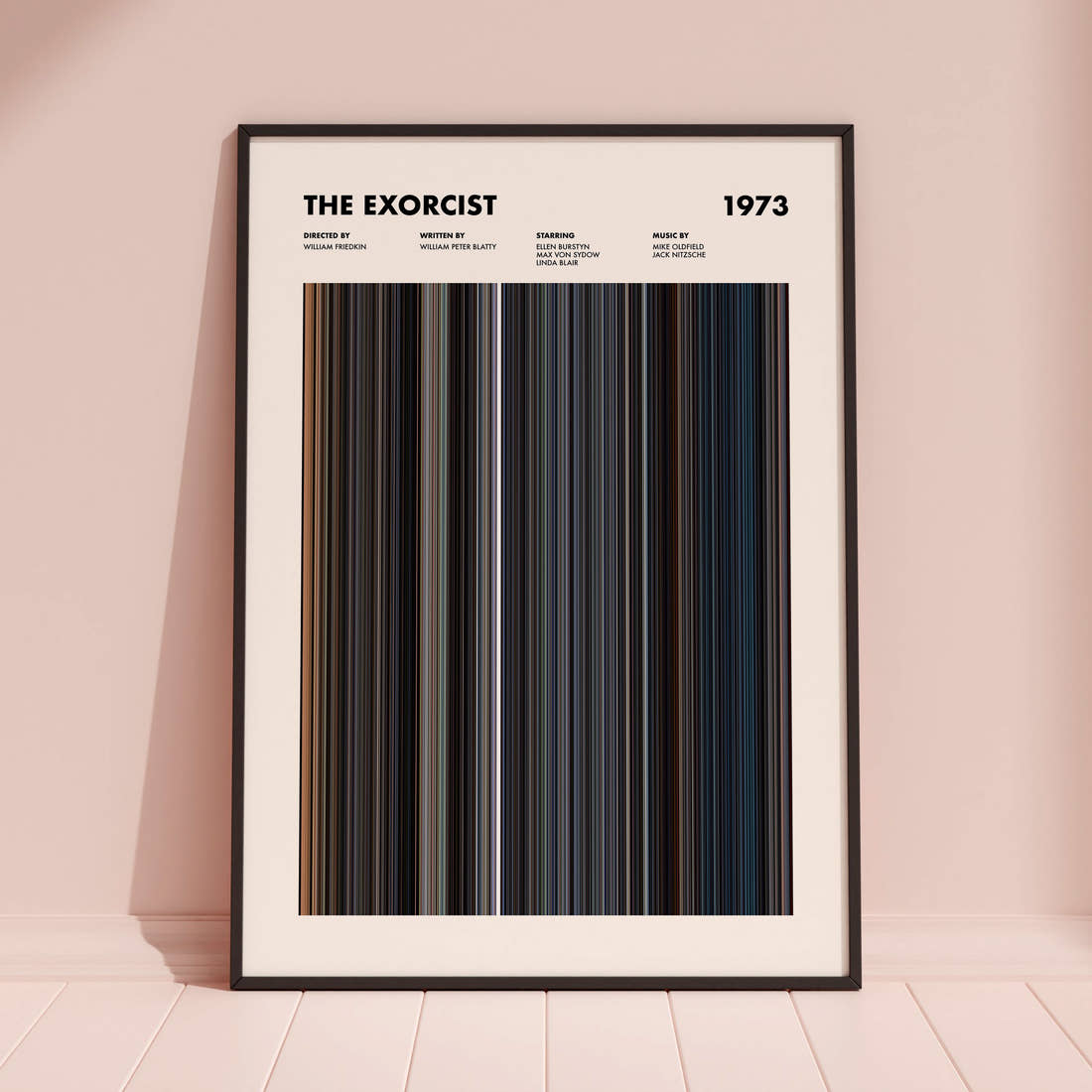 The Exorcist Movie Barcode Poster framed and leaning against a coloured wall