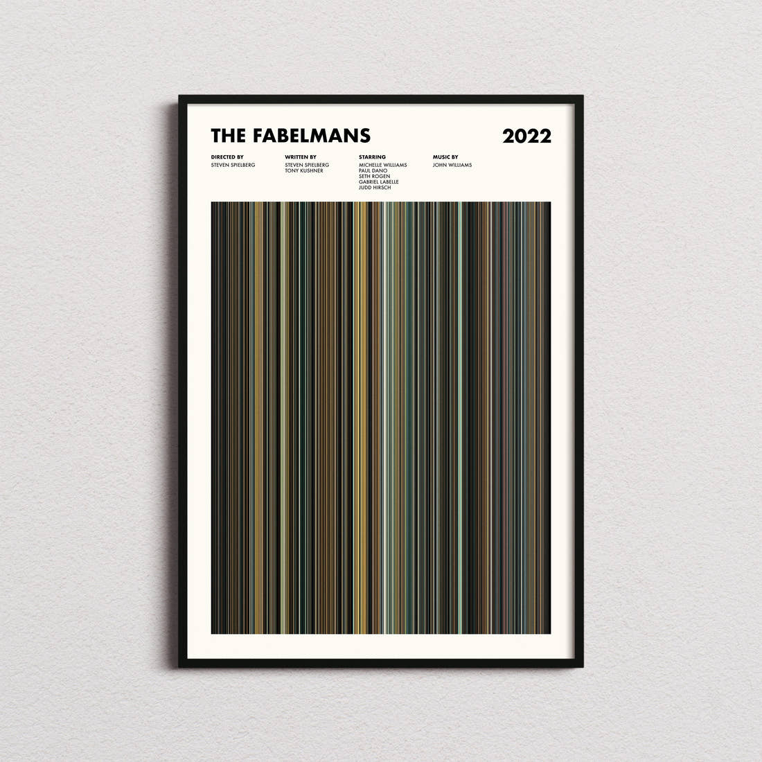 The Fabelmans Movie Barcode Poster framed on a plain studio wall