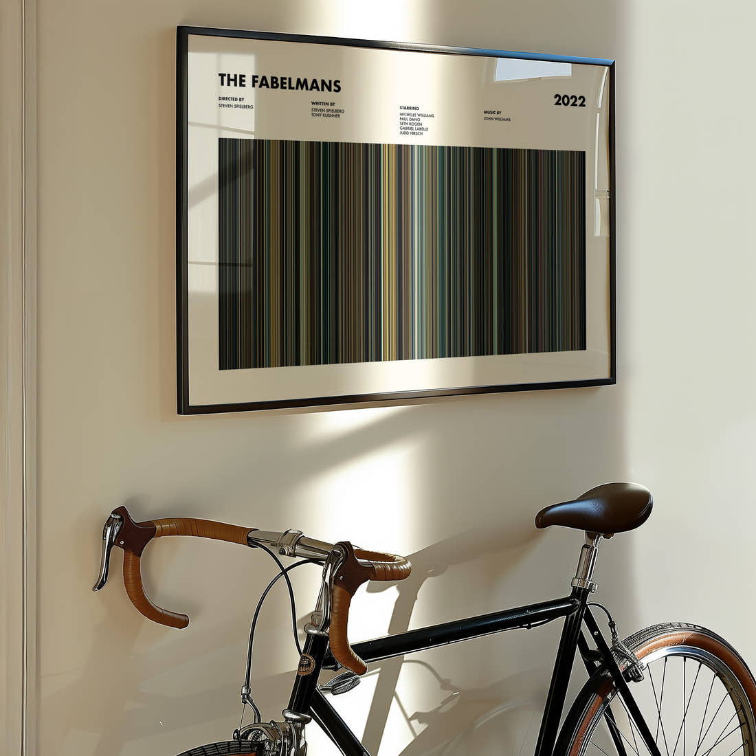 The Fabelmans Movie Barcode Poster framed on the wall of a styled room setting