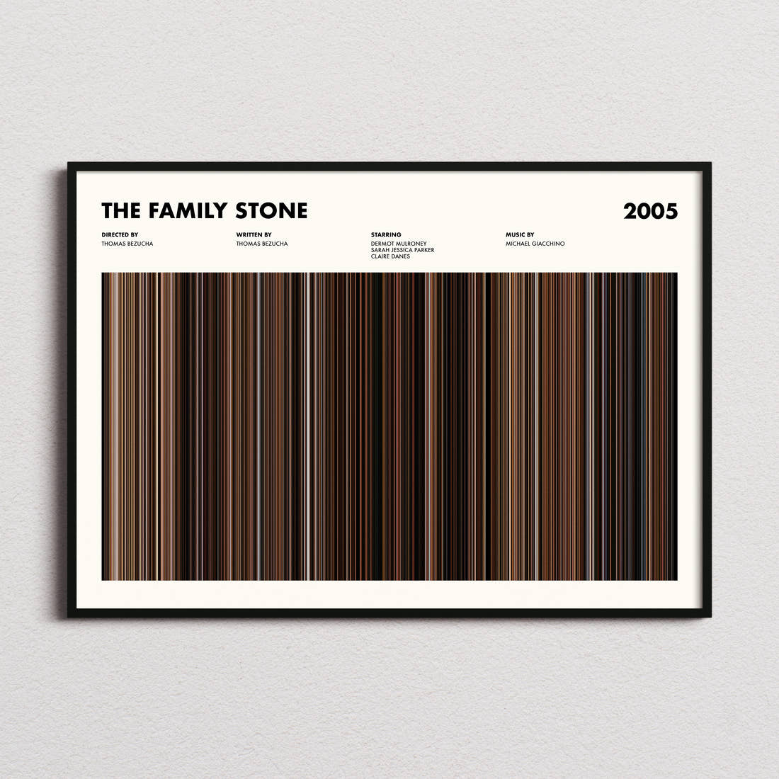 The Family Stone Movie Barcode Poster framed and photographed straight on