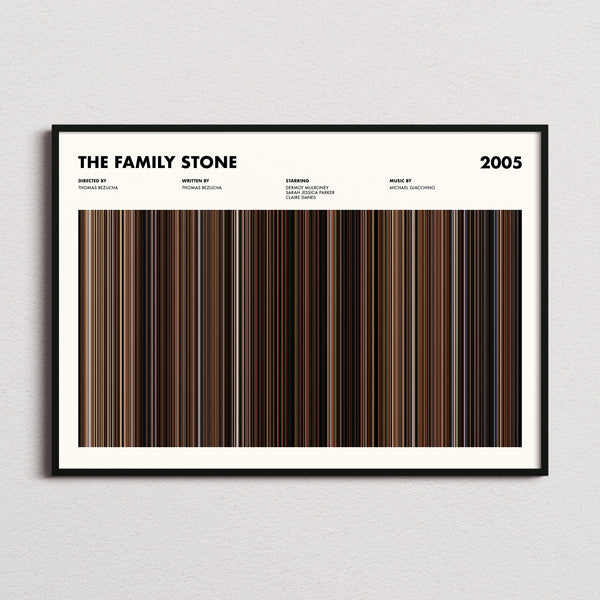 The Family Stone Movie Barcode Poster framed and photographed straight on