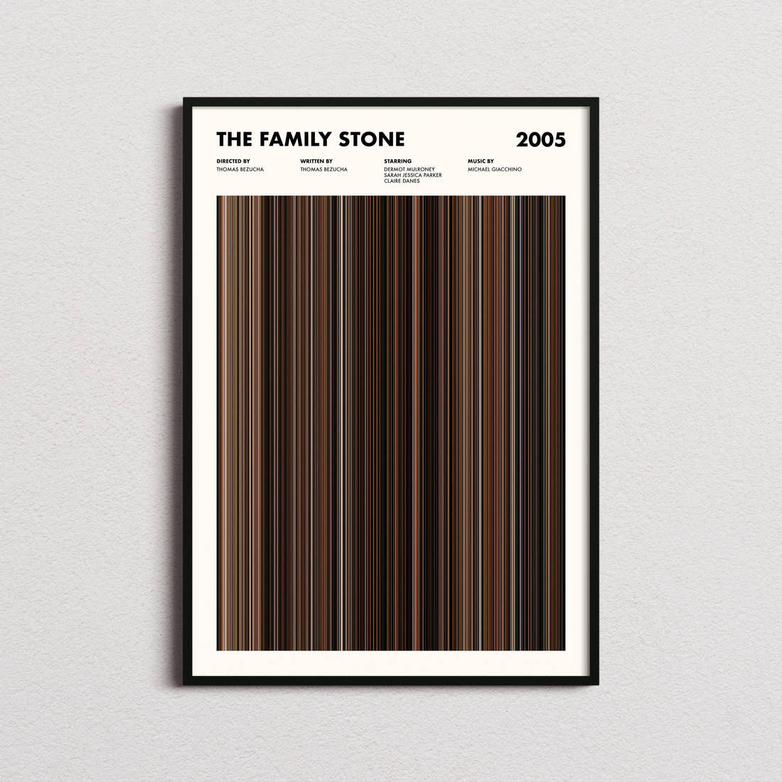 The Family Stone Movie Barcode Poster framed on a plain studio wall