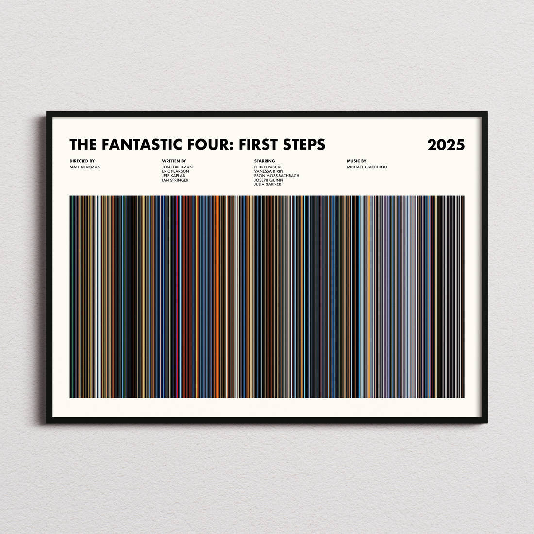 The Fantastic Four: First Steps Movie Barcode Poster framed and photographed straight on