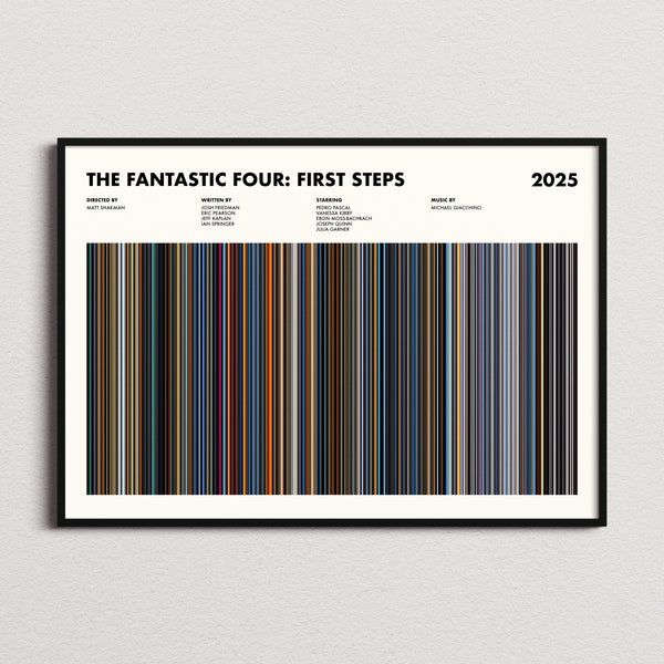 The Fantastic Four: First Steps Movie Barcode Poster framed and photographed straight on