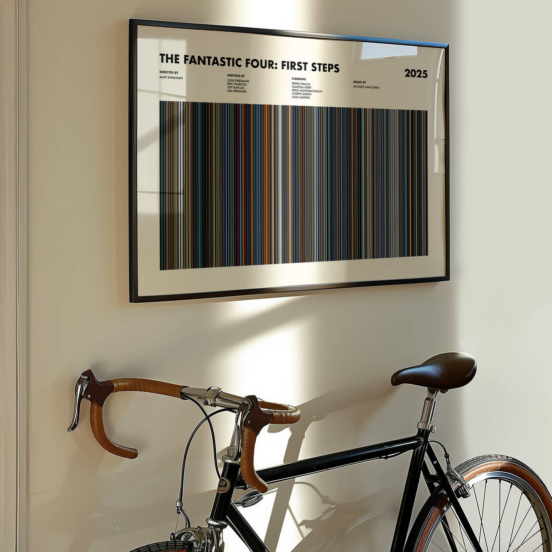 The Fantastic Four: First Steps Movie Barcode Poster framed on the wall of a styled room setting