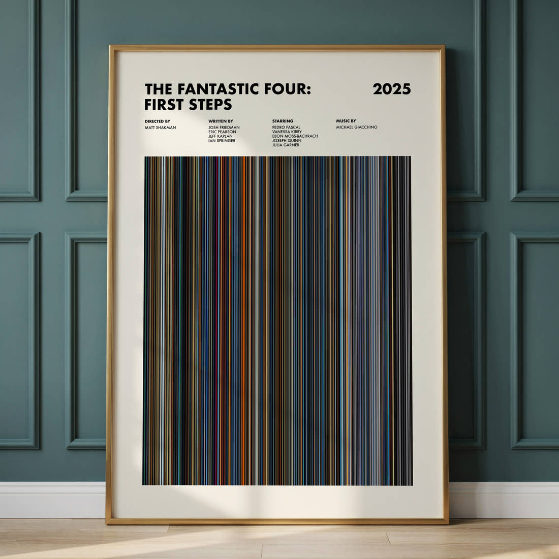 The Fantastic Four: First Steps Movie Barcode Poster framed and leaning against a panelled wall