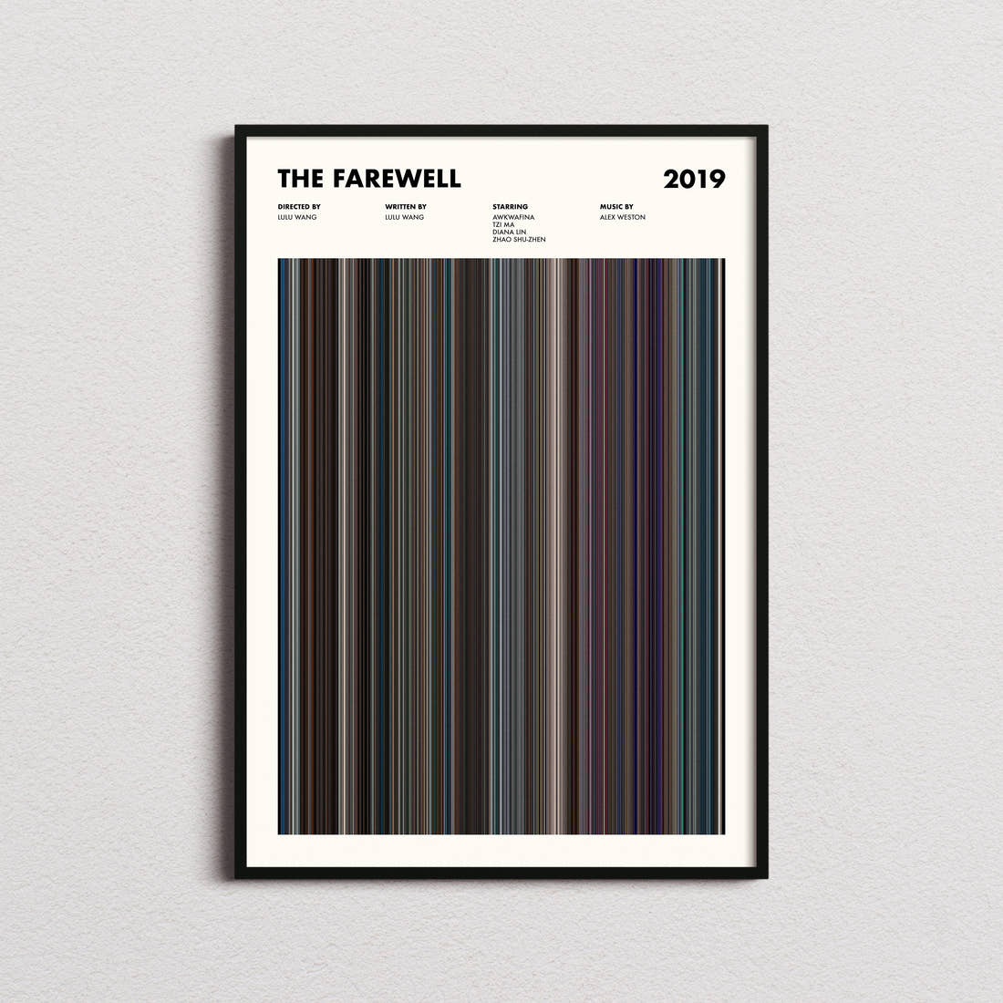 The Farewell Movie Barcode Poster framed on a plain studio wall