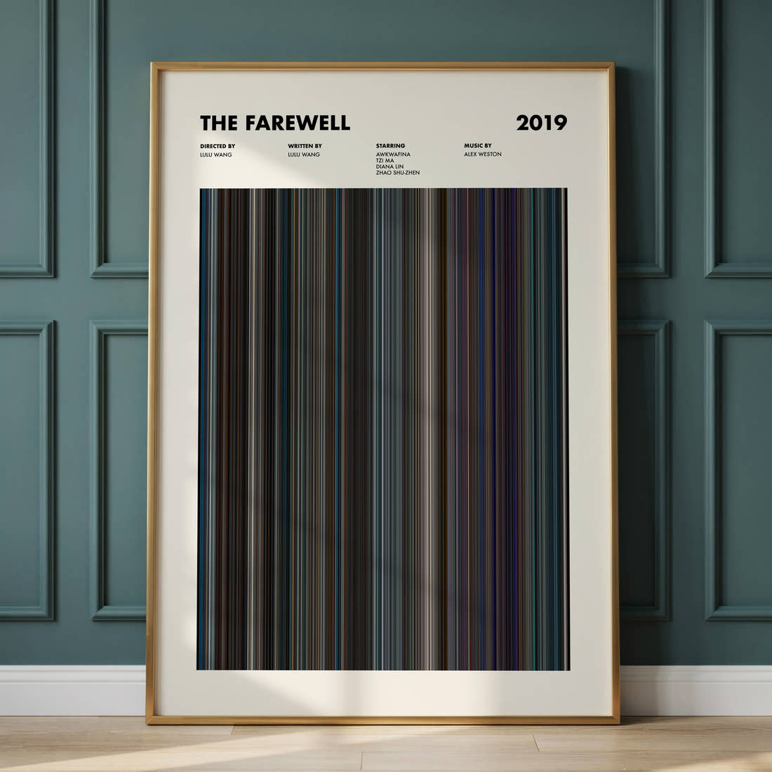 The Farewell Movie Barcode Poster framed and leaning against a panelled wall