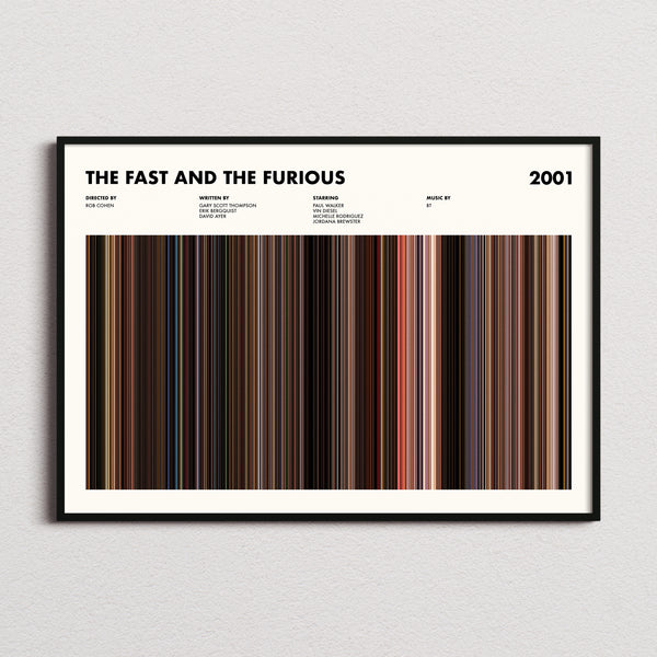 The Fast And The Furious Movie Barcode Poster framed and photographed straight on
