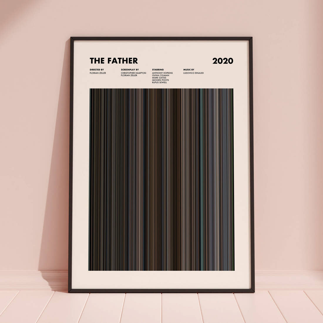 The Father Movie Barcode Poster framed and leaning against a coloured wall