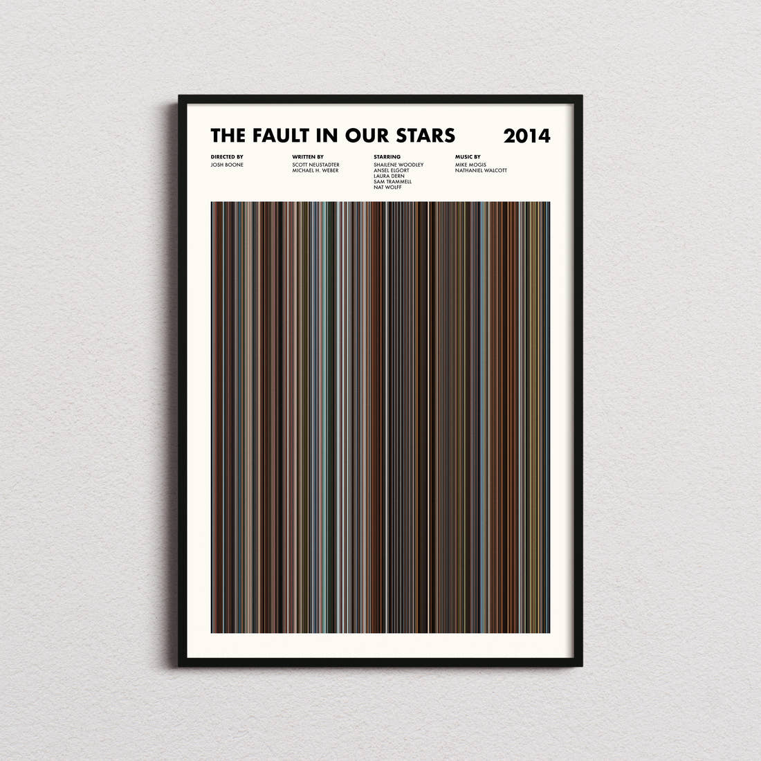 The Fault in Our Stars Movie Barcode Poster framed on a plain studio wall