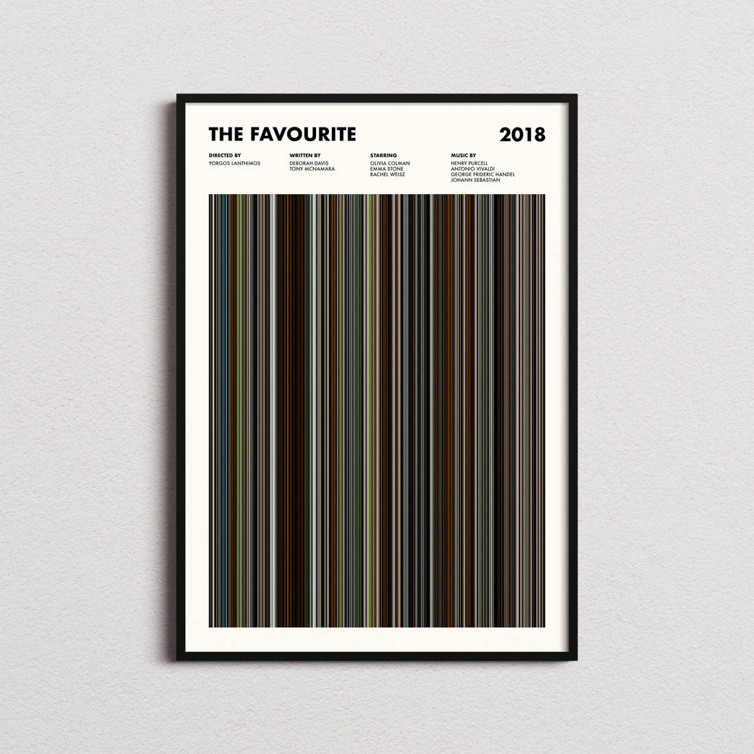 The Favourite Movie Barcode Poster framed on a plain studio wall