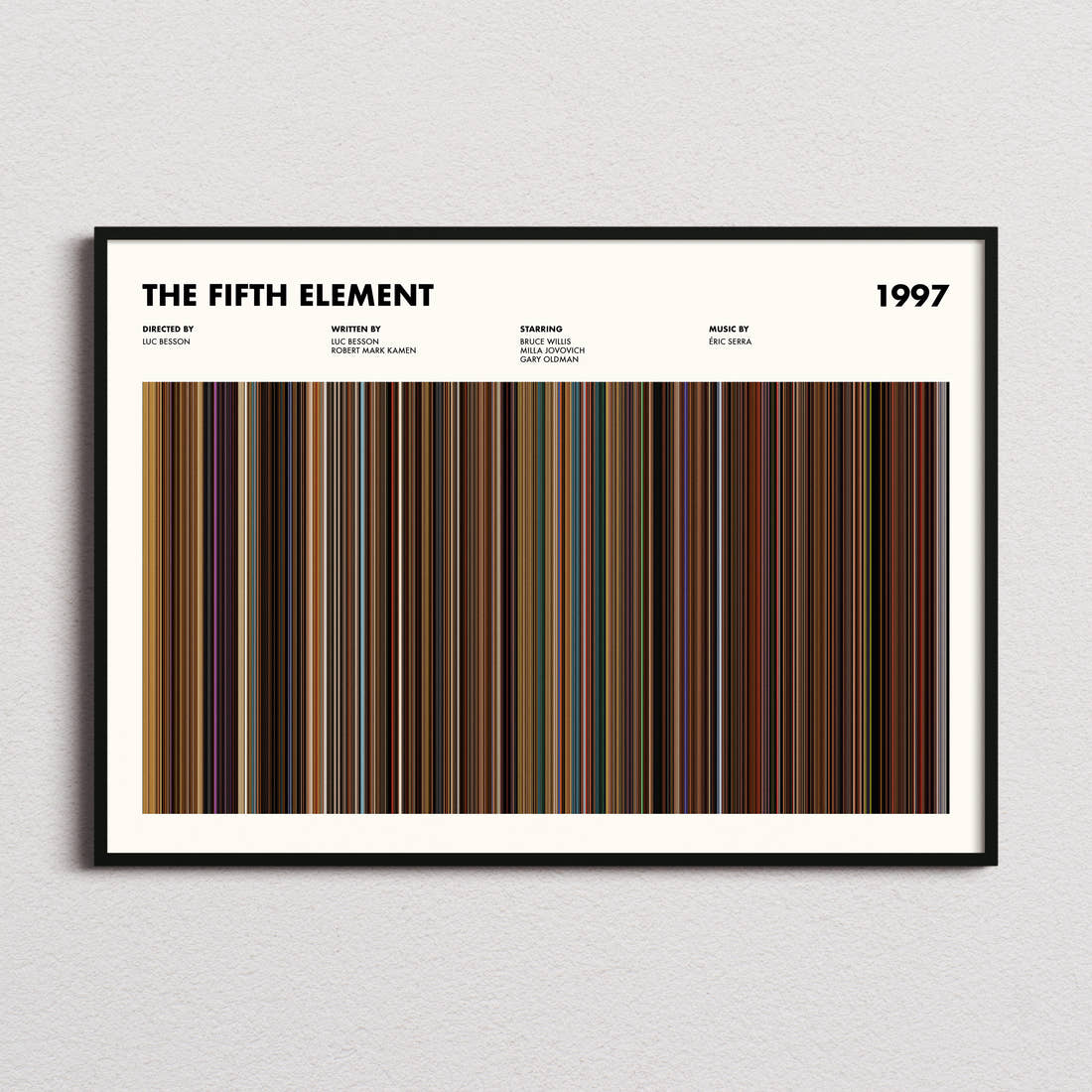 The Fifth Element Movie Barcode Poster framed and photographed straight on