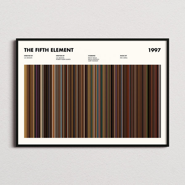 The Fifth Element Movie Barcode Poster framed and photographed straight on