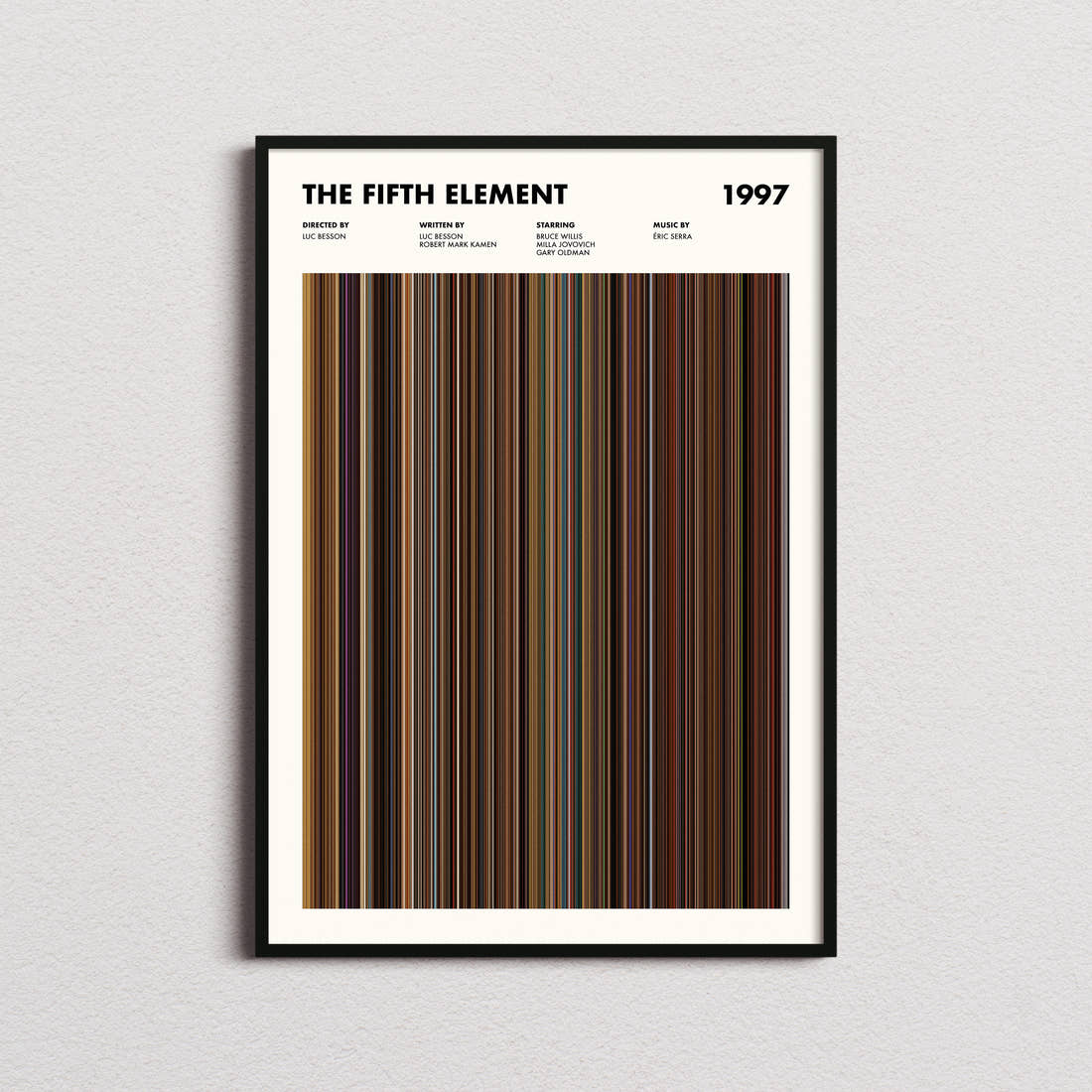 The Fifth Element Movie Barcode Poster framed on a plain studio wall