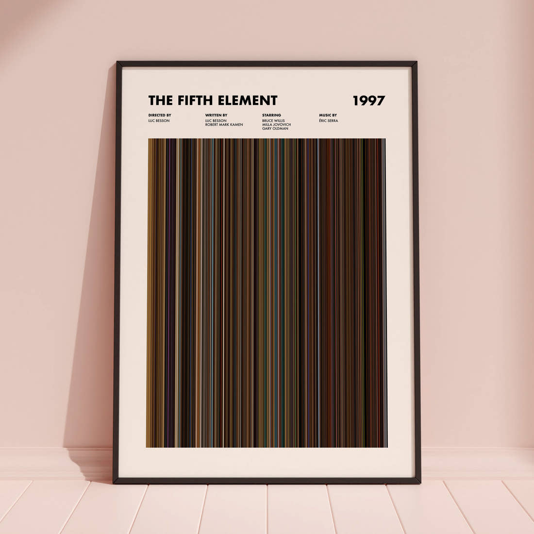 The Fifth Element Movie Barcode Poster framed and leaning against a coloured wall