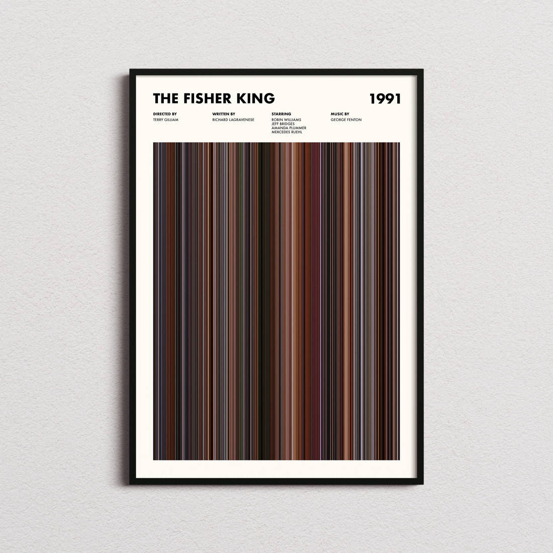 The Fisher King Movie Barcode Poster framed on a plain studio wall